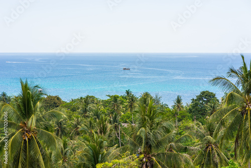 Tropical calm seascape with green palms, boat or ship in the blue sea water and empty horizon with copy space. Paradise panorama of tropics for recreation of mind and body
