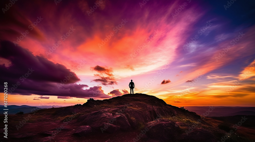 Sunset, man silhouette on mountain top, realistic background with sunset light in clouds and sky by AI generative