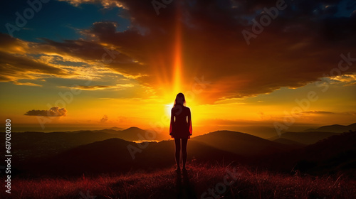 Sunset, woman silhouette on mountain, realistic background with sun light in sky clouds sky by AI generative