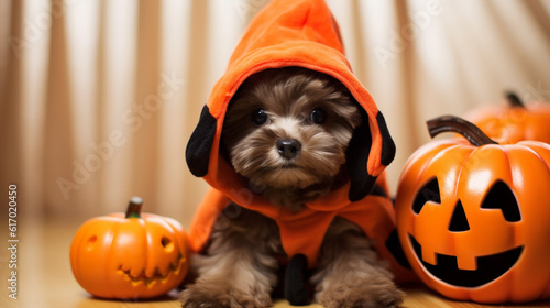 Puppies in Halloween costumes. Trick or Treat. Background on a festive theme. Gloomy Halloween background. October 31. AI Generative.