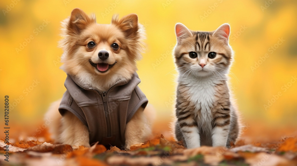 Cute cat and dog in autumn park on yellow leaves background.Fall-Themed Pet. Happy International Cat Day and National Dog Day.