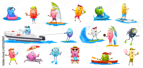 Cartoon vitamin characters on summer vacation. Vector b9 and b6, b2, u, c and e, P, n, b1, a and h, d, and k capsule pill personages on summer beach sports and vacation