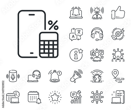 Smartphone app sign. Place location, technology and smart speaker outline icons. Phone calculator line icon. Cellphone mobile device symbol. Phone calculator line sign. Vector