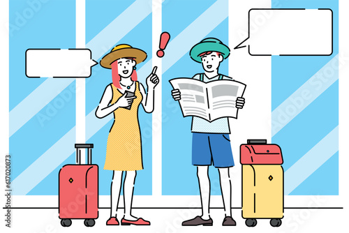 Male and female couple travelers going on vacation in terminal lobby full body vector illustration. 