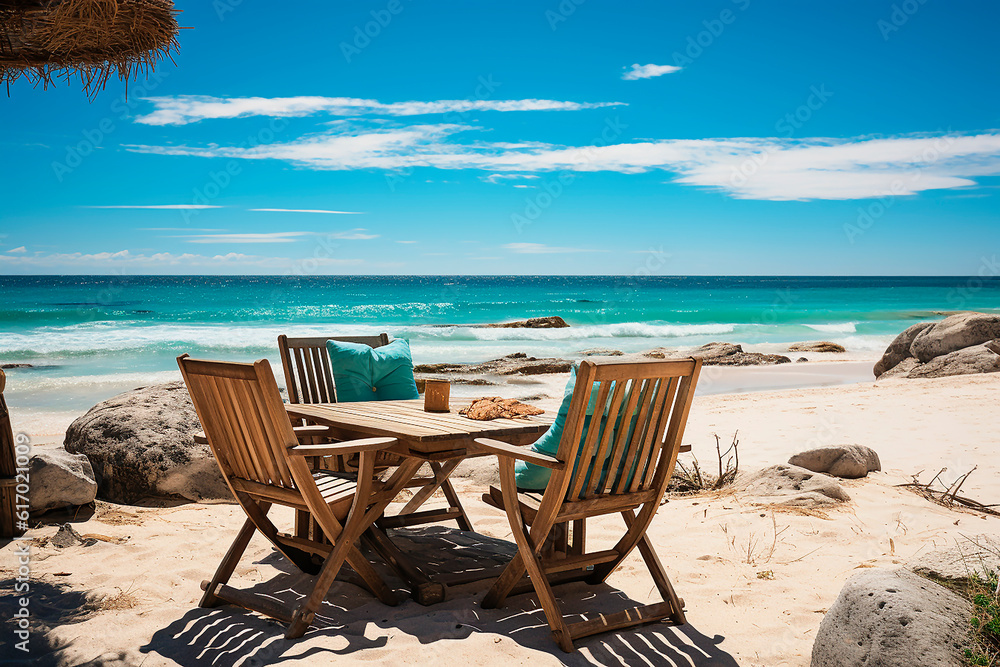 Beautiful beach. Chairs and a table with drinks on a sandy beach against the backdrop of the sea. Summer holiday and beach club concept.