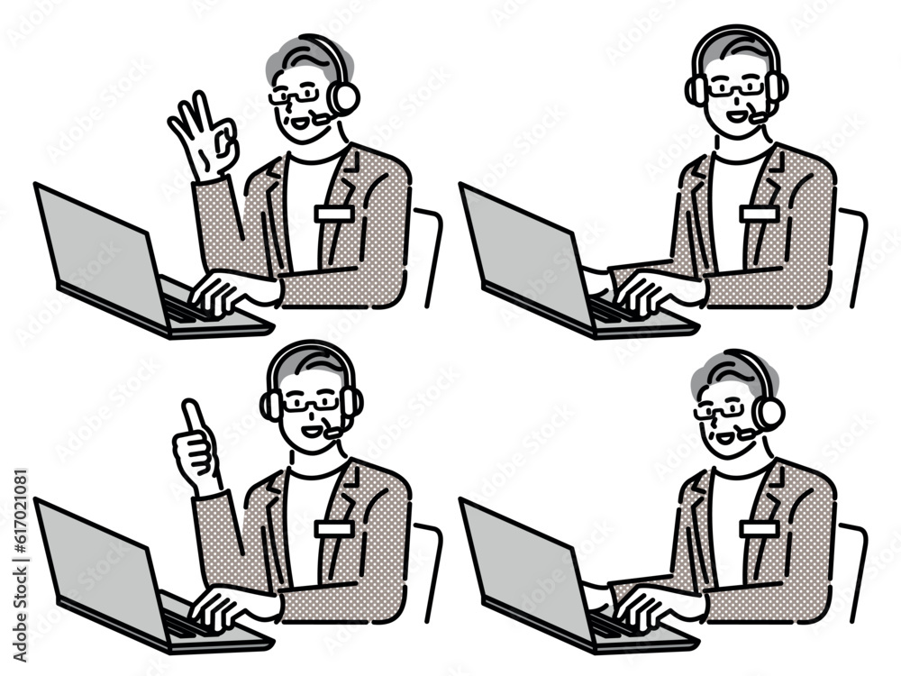 Set of various poses of customer service male employee, businessman wearing headset. Consultant wearing a headset.