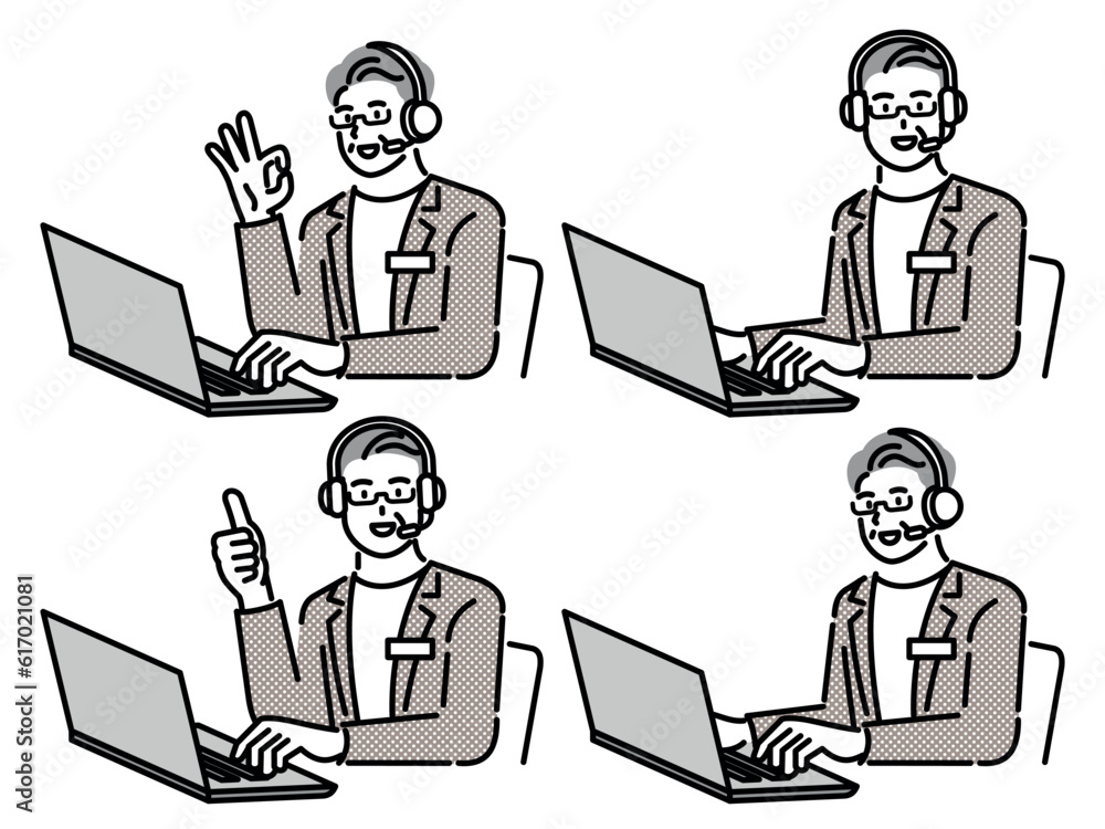 Set of various poses of customer service male employee, businessman wearing headset. Consultant wearing a headset. Set of various poses of customer service male employee, businessman wearing headset. Consultant wearing a headset.