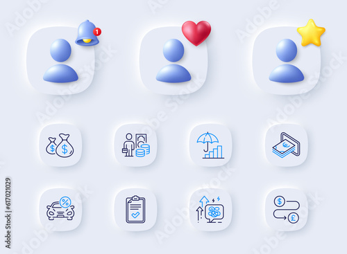 Inflation, Money profit and Car leasing line icons. Placeholder with 3d bell, star, heart. Pack of Money transfer, Cash, Stress grows icon. Coins bags, Checklist pictogram. Vector