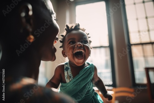 Mother's day. An african american infant giggling with delight while being gently lifted in the air by mother. Taking care of baby. Spending time together. Generative AI.