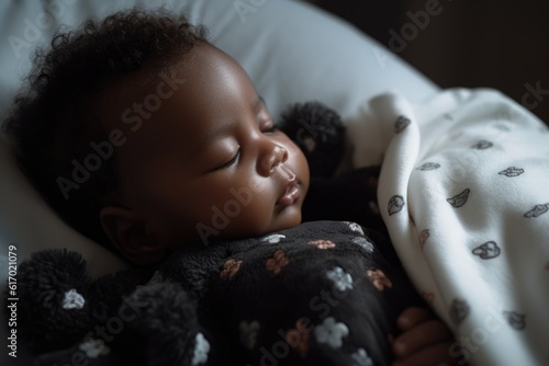 An african american black infant baby peacefully sleeping in a cozy blanket in a soft and comfortable nursery, with gentle lighting. Generative AI. photo