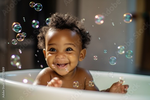 An african american infant bathing. A laughing happy black-skinned baby splashing happily in a bathtub, surrounded by bubbles and bath toys. Generative AI.