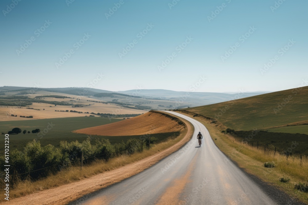 A landscape with a person riding a bicycle along a scenic countryside road. The background showcases rolling hills and a clear blue sky. Generative AI.