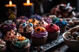 Halloween food. A platter of monster-themed cupcakes, decorated with colorful frosting, candy eyes, and various spooky decorations. Halloween-themed dessert cobwebs, pumpkins, and bats. Generative AI.