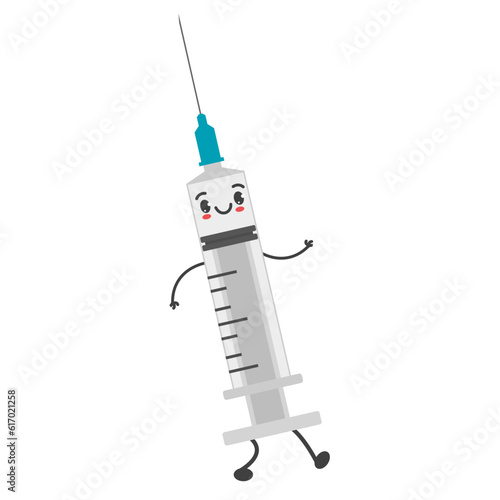 Cute and funny syringe character walking vector isolated. Illustration of a medical tool with needle. Concept of medicine and immunization. Smiling character.