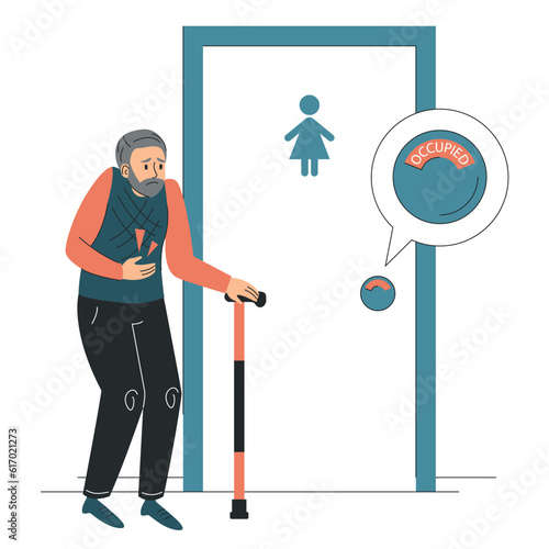 Senior man with diarrhea standing at closed toilet door vector isolated. Pain in belly, stomachache. Occupied public restroom. Old man suffer from pain in belly.