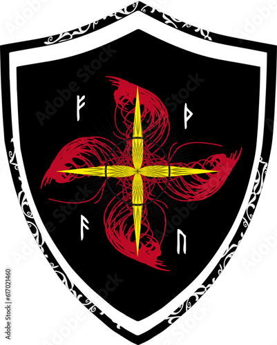 Red flower, Runes. Coat of arms, emblem, shield, tattoo design