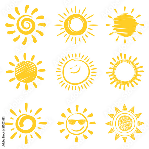 Summer sun, sun icon set. Hand drawing