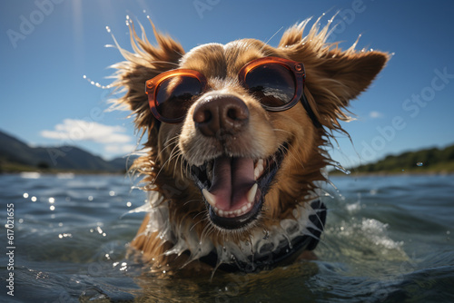 Happy dog in sunglasses playing on the beach early in the morning, panorama, nice view, sea landscape, morning light. Generative Ai. © Карина Терехова