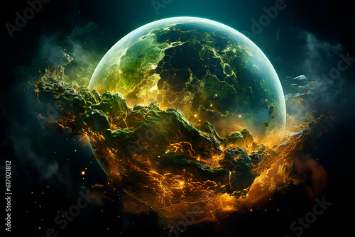 Fototapeta Naklejka Na Ścianę i Meble -  Green planet Earth, view from space. The problem of pollution of the ozone layer of the earth and global warming. Generative AI