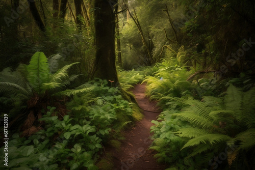 A path winds through a lush forest  leading to a distant camping site. This image highlights the joy of discovering untouched natural surroundings during a camping adventure.