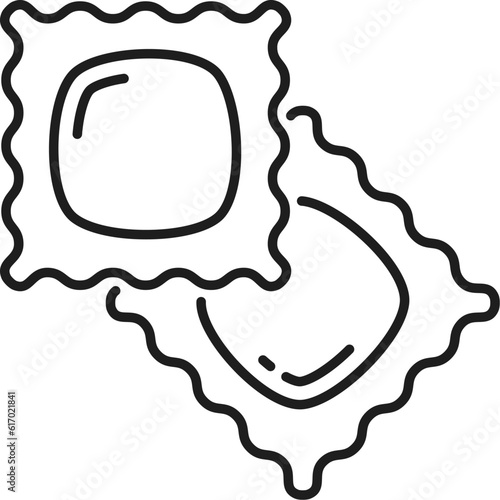 Ravioli or raviolo type of pasta with filling outline icon. Vector enveloped pasta dough, food of Italian cuisine. Ravioli squares of flour
