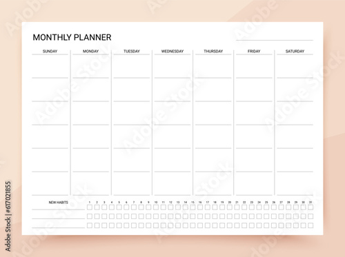 Monthly planner. Timetable for month with habit tracker. Journal page template. Week starts Sunday. Homework organizer. Empty schedule. Simple blank of diary. Paper size A4. Vector illustration.