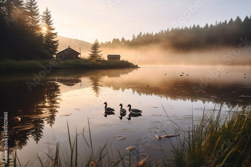 A family of ducks swims across a calm lake near a secluded campsite at dawn. This image portrays the serenity and close connection with wildlife experienced during camping.