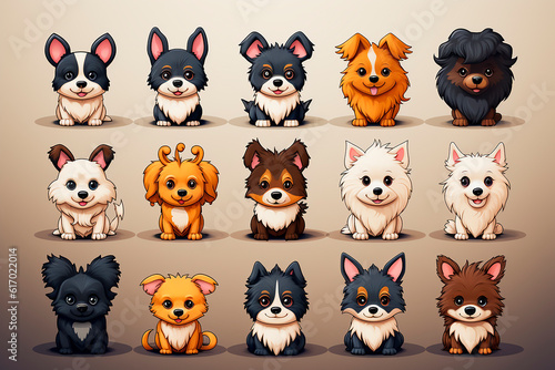 Icon set of 15 icons, drawn dogs of different colors and breeds, beige background. Collection different breeds of canines.  © Katerina Bond