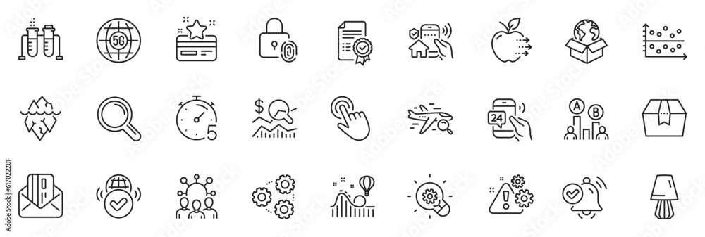 Icons pack as Chemistry beaker, Search flight and Fingerprint lock line icons for app include Timer, 5g internet, House security outline thin icon web set. Ab testing, Research. Vector