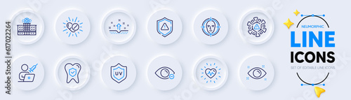 Clean skin, Heartbeat and Medical drugs line icons for web app. Pack of Health eye, Myopia, Dental insurance pictogram icons. Uv protection, Coronavirus, Shield signs. Face detect. Vector