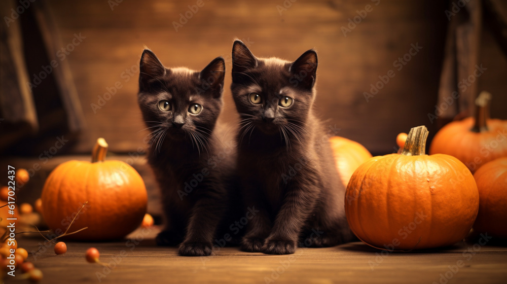 Kittens in Halloween costumes. Trick or Treat. Background on a festive theme. Gloomy Halloween background. October 31. AI Generative. Kittens in Halloween costumes. Trick or Treat. Background on a festive theme. Gloomy Halloween background. October 31. AI Generative.