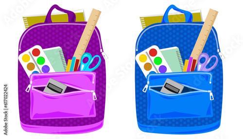 school bag, briefcase, backpack, school backpack, backpack with school supplies, pink backpack, blue backpack, crimson backpack, blue backpack, polka dot backpack, circled briefcase, paints