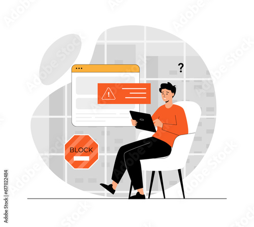 Blocking, banned user account on social media. Error, access is denied. Account safety and secure. Illustration with people scene in flat design for website and mobile development.