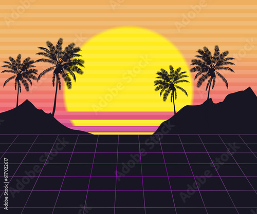 Vaporwave sunset with palm trees design 
