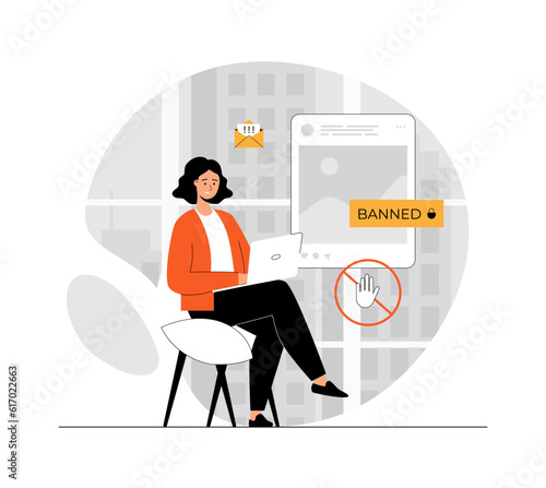 Blocking, banned user account on social media. Error, access is denied. Account safety and secure. Illustration with people scene in flat design for website and mobile development.