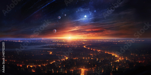 Futuristic city in night lights with galaxy planets in sky, fantasy realistic background. Sunset in futuristic megapolis with space moon on horizon in AI generative