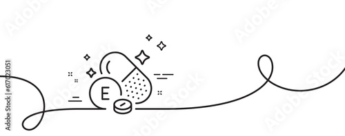 Vitamin E line icon. Continuous one line with curl. Tocopherols food nutrient sign. Capsule or pill supplement symbol. Vitamin E single outline ribbon. Loop curve pattern. Vector