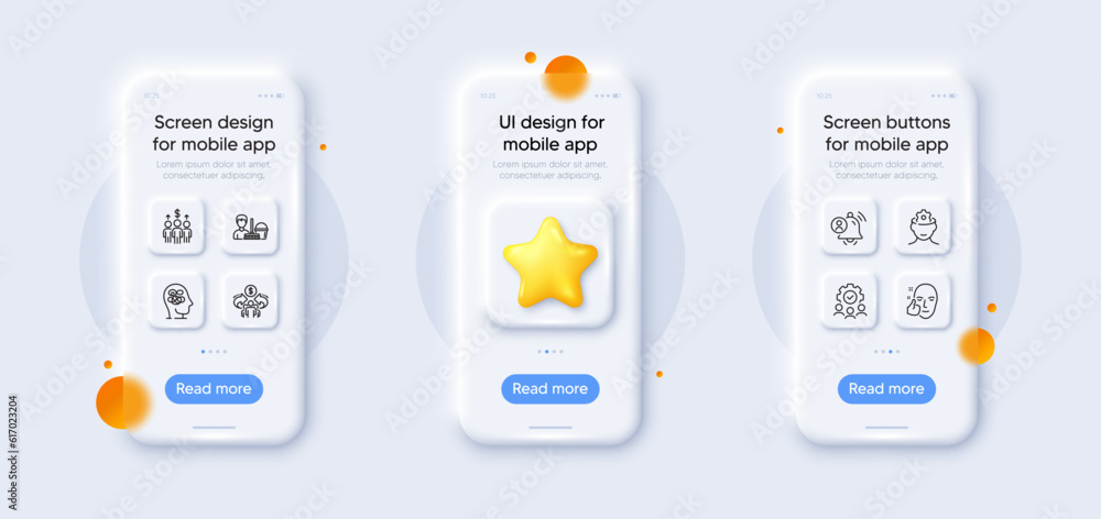 User notification, Cleaning service and Sharing economy line icons pack. 3d phone mockups with star. Glass smartphone screen. Meeting, Healthy face, Teamwork web icon. Vector