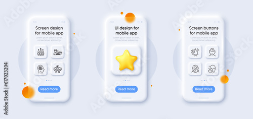 User notification, Cleaning service and Sharing economy line icons pack. 3d phone mockups with star. Glass smartphone screen. Meeting, Healthy face, Teamwork web icon. Vector