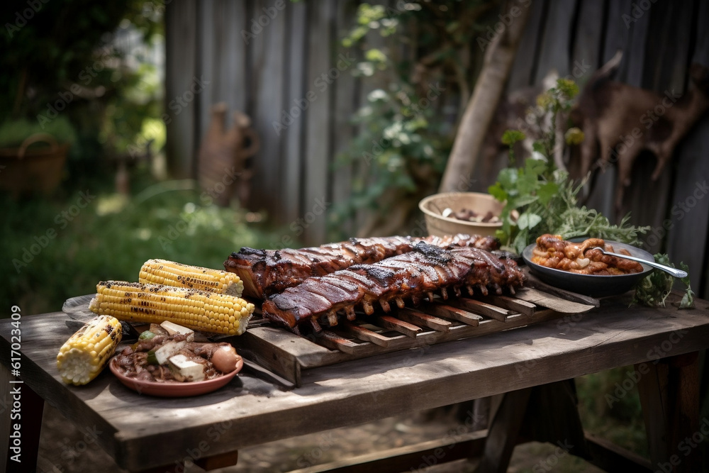 This image portrays a rustic outdoor barbecue setting with a grill laden with barbecue ribs and corn, set against a lush garden background