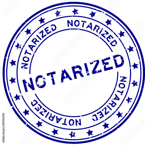 Grunge blue notarized word with star icon round rubber seal stamp on white background