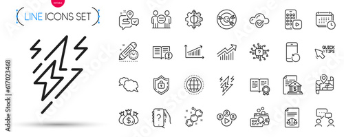 Pack of Calendar, Facts and Demand curve line icons. Include Ask question, Transform, Phone app pictogram icons. Chart, Lightning bolt, Quick tips signs. Shield, Bank document, Certificate. Vector