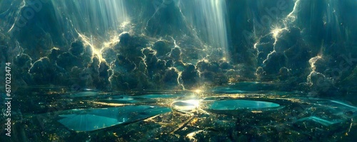 aerial view deep blie skies with sunrise rays large dynamic Crystal Dome Glowing Tesla Coil energy lightning reflecting in mirror dimension upside down large glass pool organic ethereal environment  photo