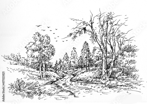 black and white sketch of trees pen drawing for card illustration decoration
