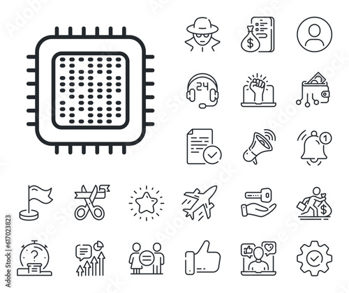 Computer component sign. Salaryman, gender equality and alert bell outline icons. Cpu processor line icon. Cpu processor line sign. Spy or profile placeholder icon. Online support, strike. Vector