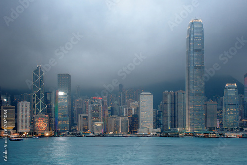 Hong Kong's water front at evening and foggy sky 