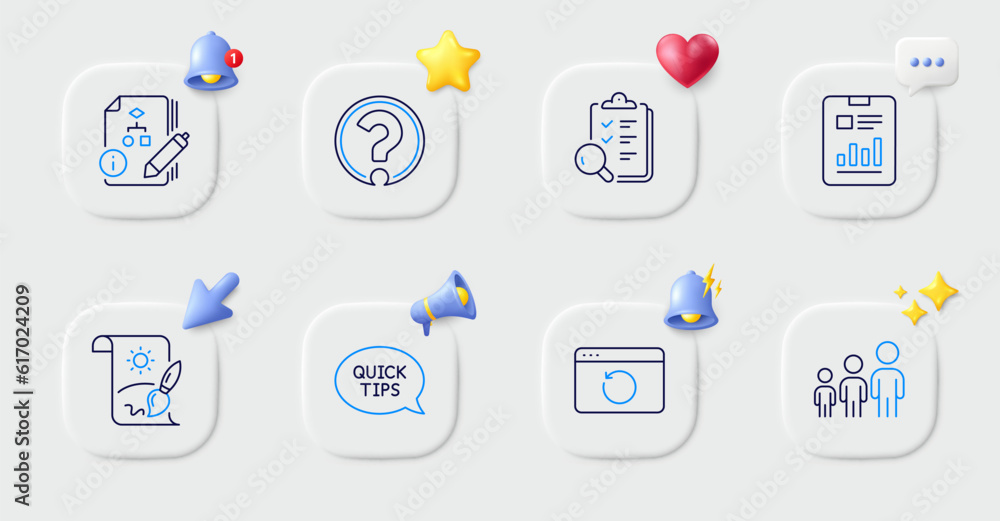 Question mark, Recovery internet and Business hierarchy line icons. Buttons with 3d bell, chat speech, cursor. Pack of Report document, Inspect, Quickstart guide icon. Vector Question mark, Recovery internet and Business hierarchy line icons. Buttons with 3d bell, chat speech, cursor. Pack of Report document, Inspect, Quickstart guide icon. Vector