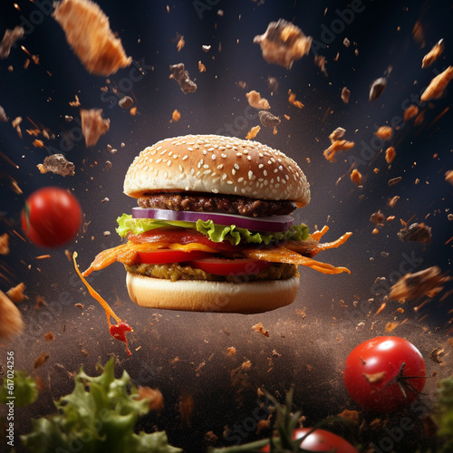 Grilled spicy beef burger on a wooden table with smoke generated by AI
