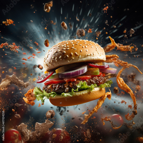 Grilled spicy beef burger on a wooden table with smoke generated by AI