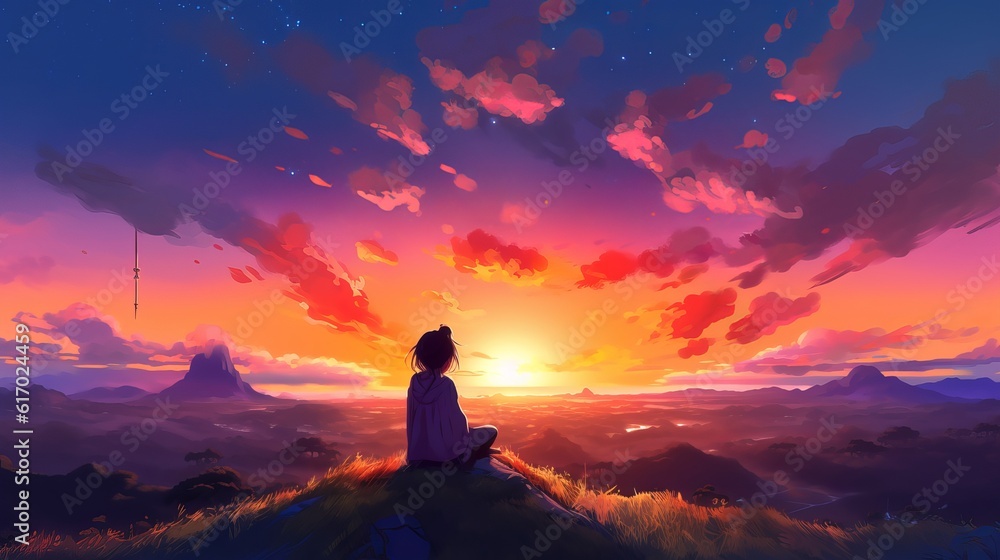 Anime girl embracing the tranquil magic of a sunset: captivating 3D illustration - silhouette of a girl on a top, wallpaper, Generative AI